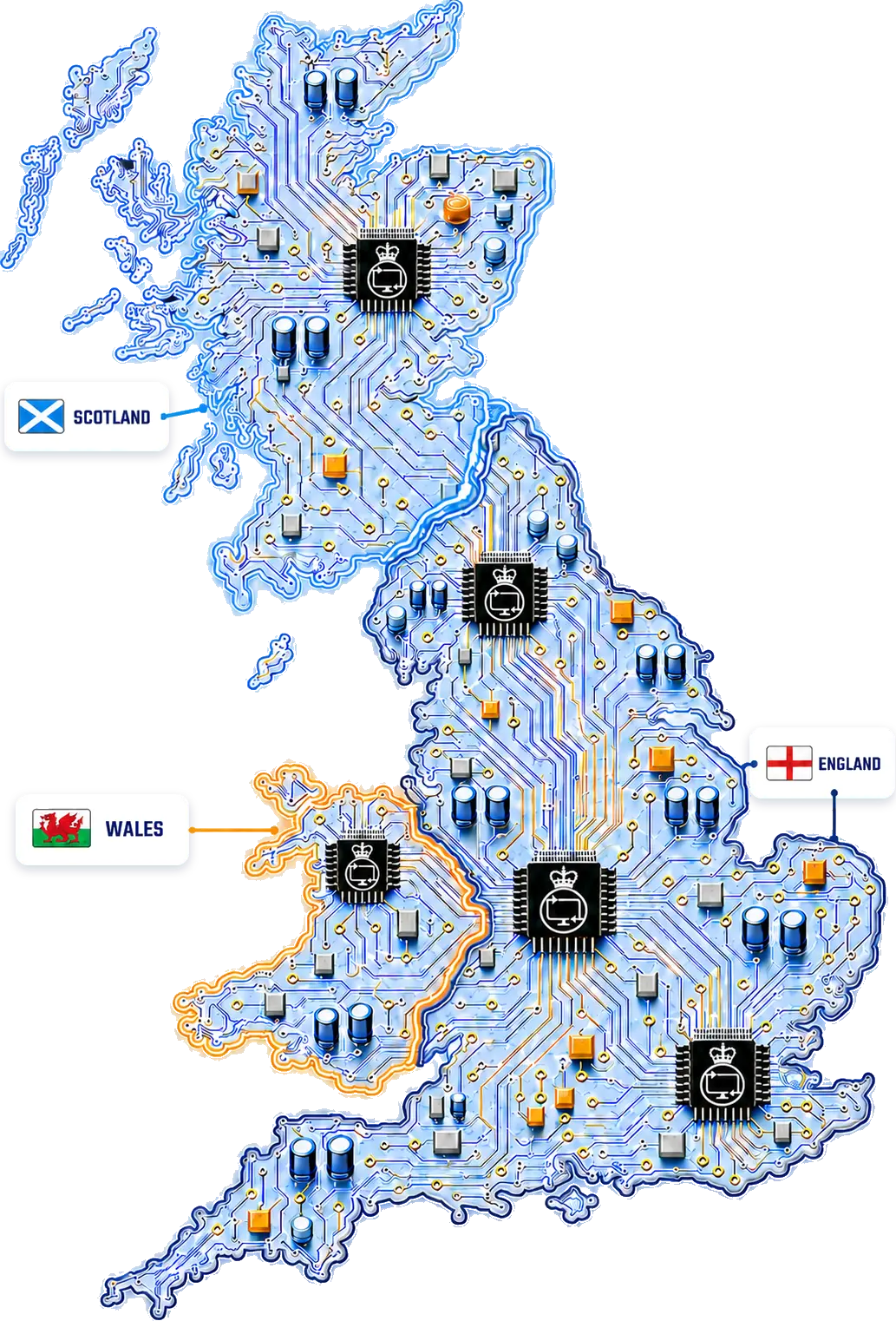 Circuit board style map showing National IT Disposal coverage for secure business IT collections across England, Scotland and Wales.