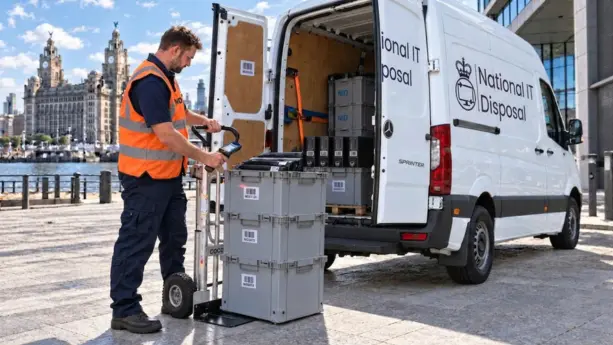 National IT Disposal technician scanning barcoded crates of IT equipment beside a National IT Disposal branded van on Liverpool & waterfront, with the Royal Liver Building behind.