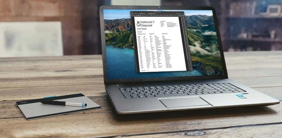 National IT Disposal asset report displayed on a laptop