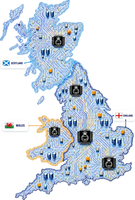 Circuit board style map showing National IT Disposal coverage for secure business IT collections across England, Scotland and Wales.